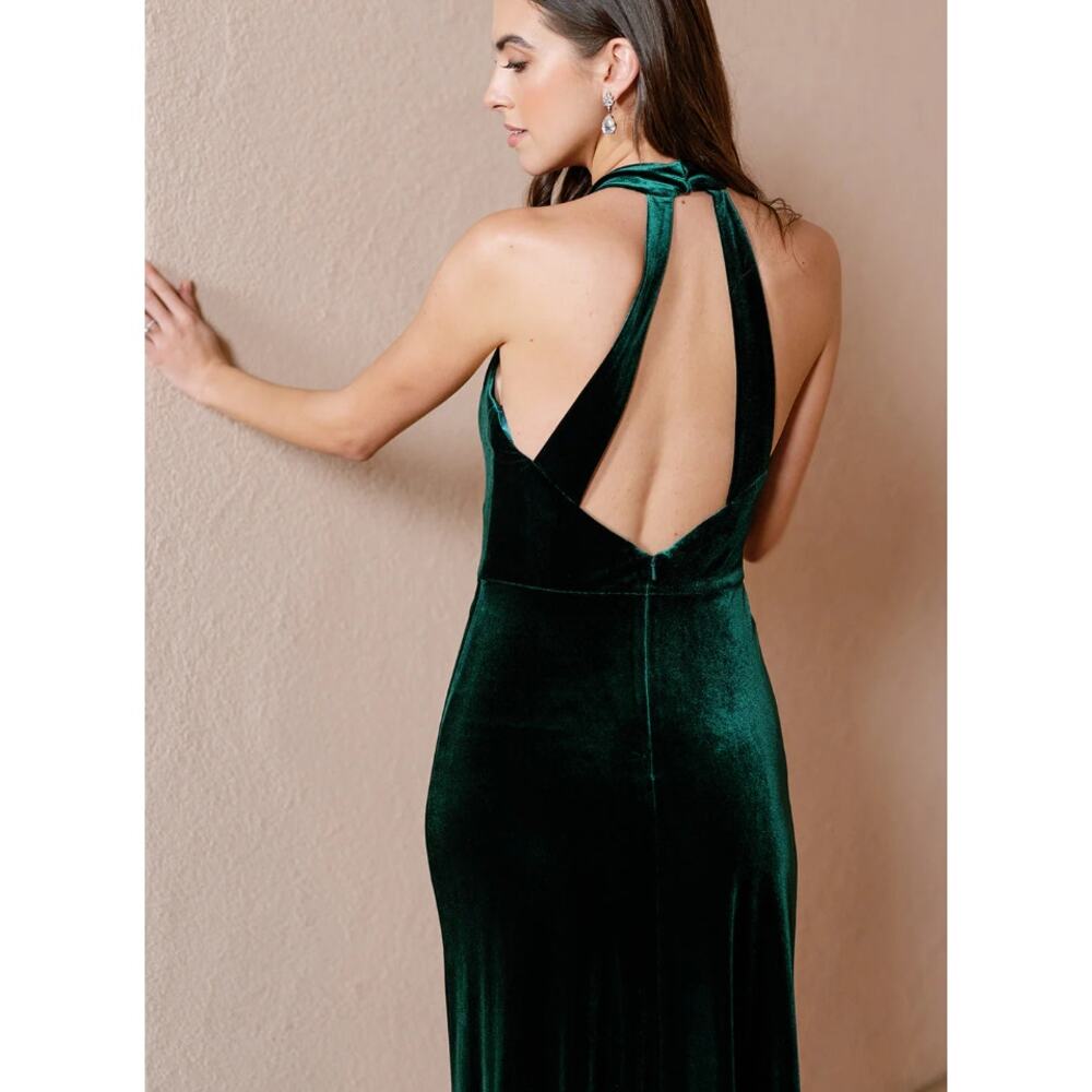 Revelry Tori Velvet Dress in Emerald 4 Halter Neck Open Back Bridesmaid Wedding - Picture 3 of 14